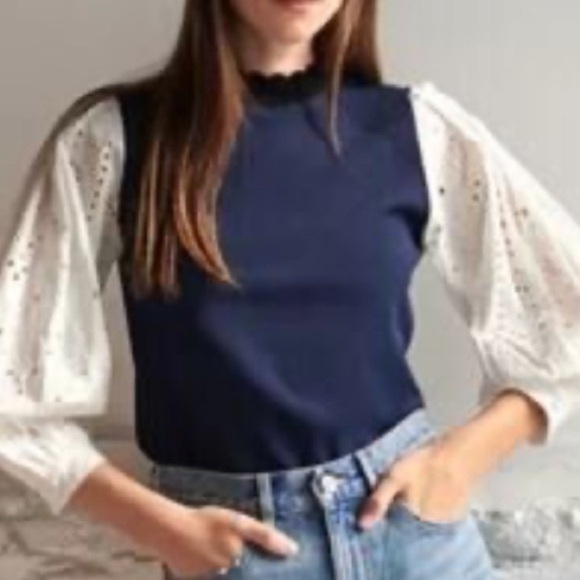 Veronica Beard Women's Roy Mixed Media Pullover Knit Sweater Navy White Size XS - Picture 11 of 13